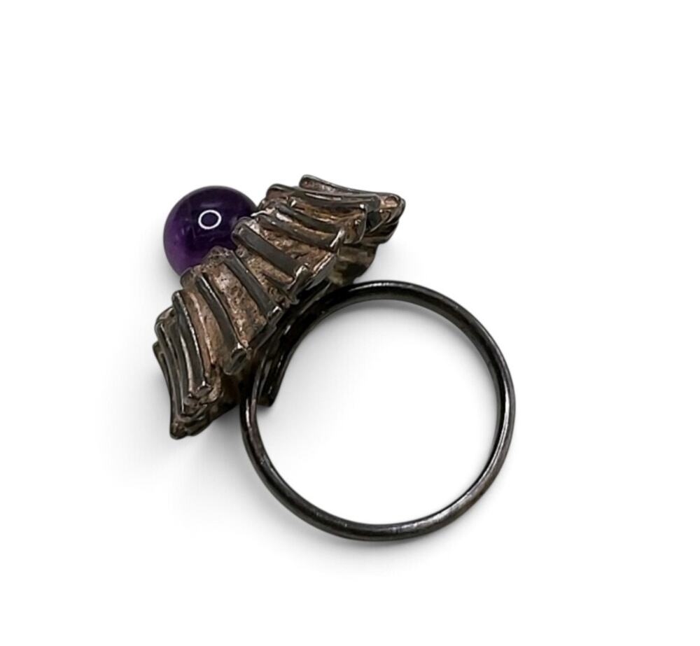 Vintage Modernist 835 Silver Amethyst Ring Adjustable Brutalist TR Marked